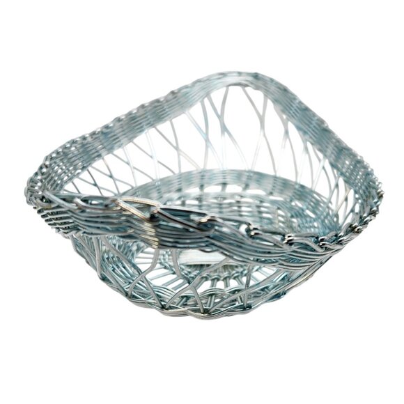 Vintage Woven Wire Breadbasket Metallic Blue Boat Shaped 14" Long MCM - Picture 3 of 6